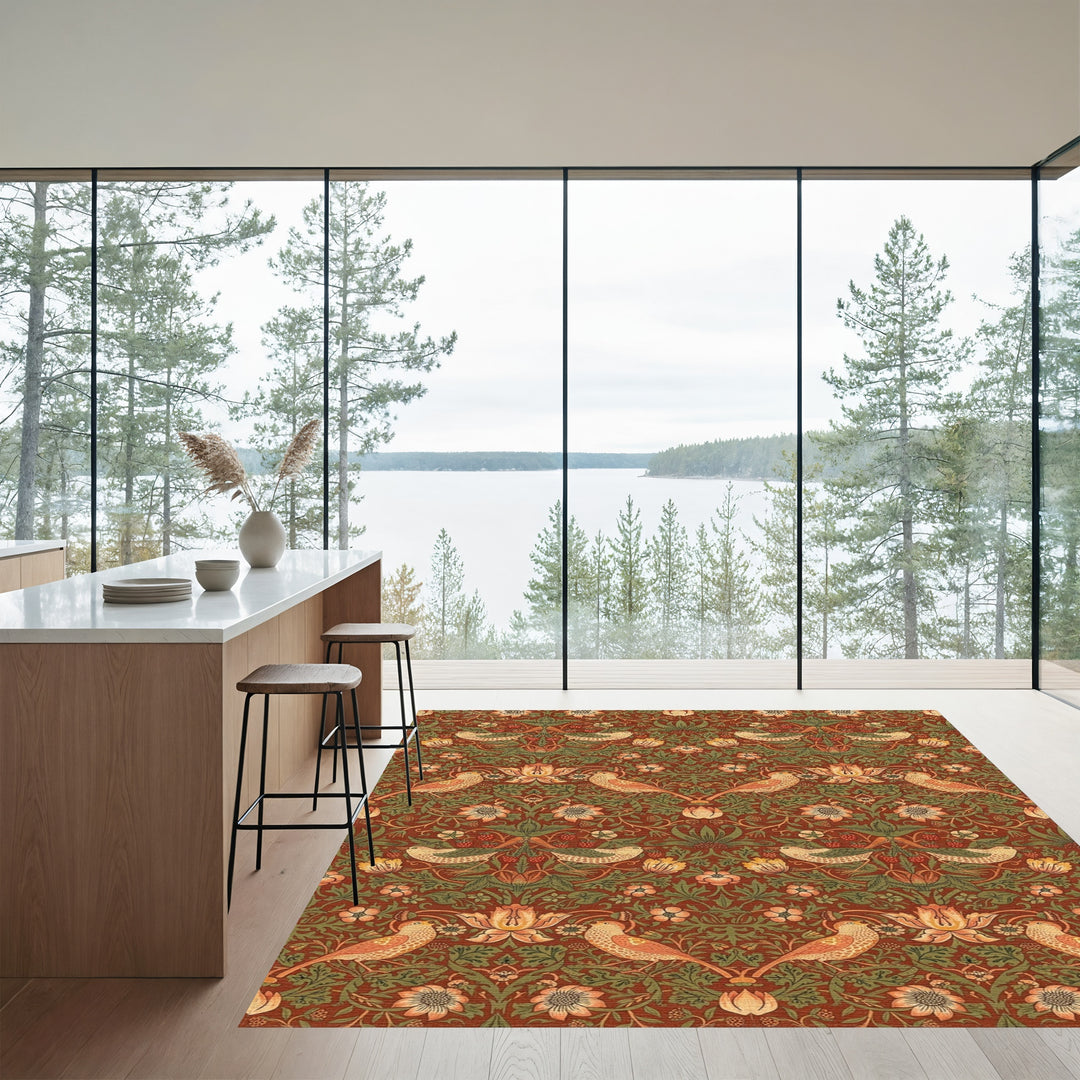 Earthy Red Bird and Strawberry Garden Rug