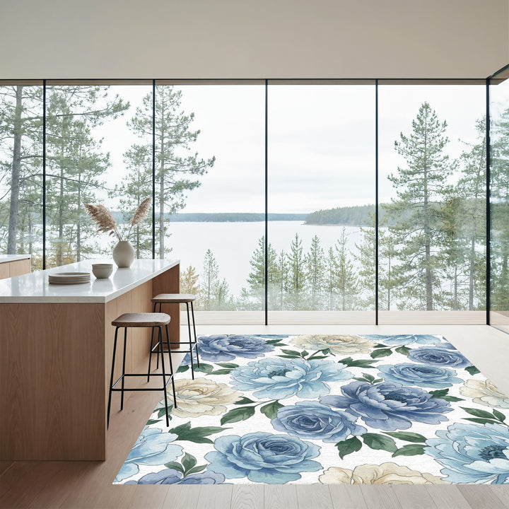 Serene Blue Cream Floral Watercolor Blossoms Rug