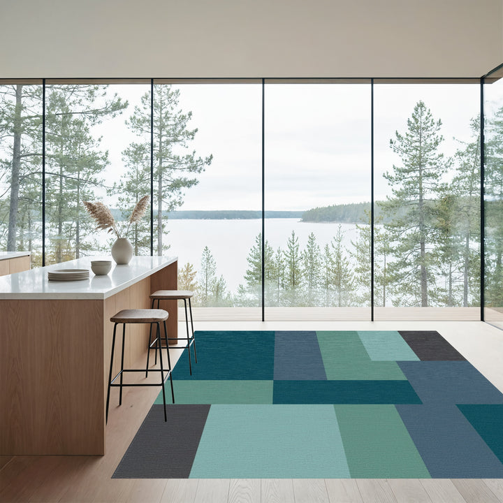 Serene Teal Slate Geometric Blocks Rug