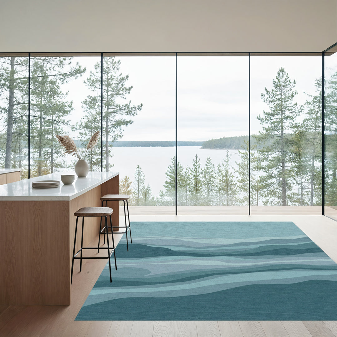 Abstract Teal Landscape Waves Rug