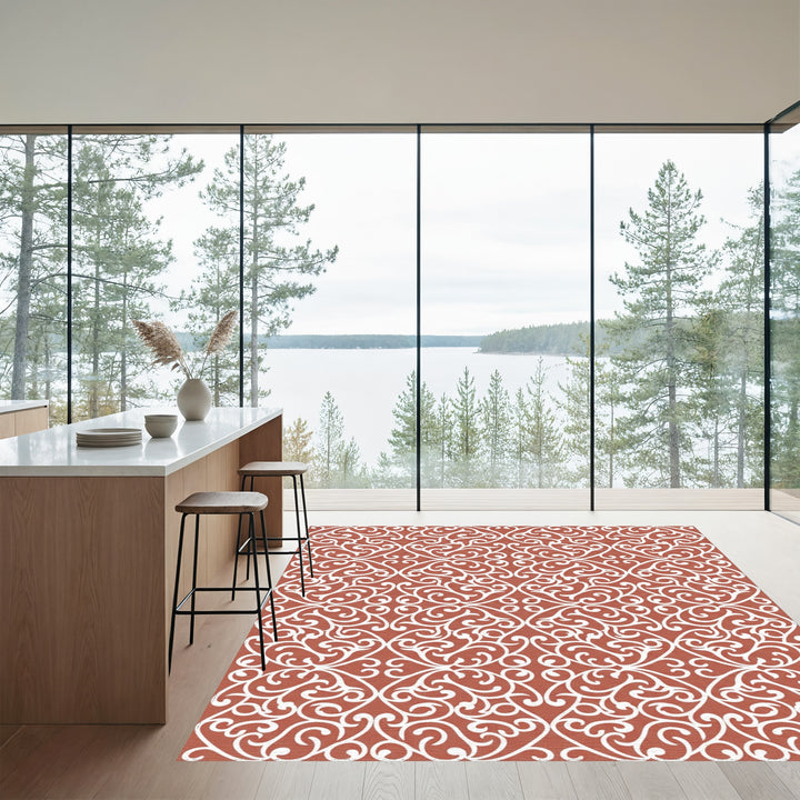 Terracotta White Intricate Swirl Arabesque Rug