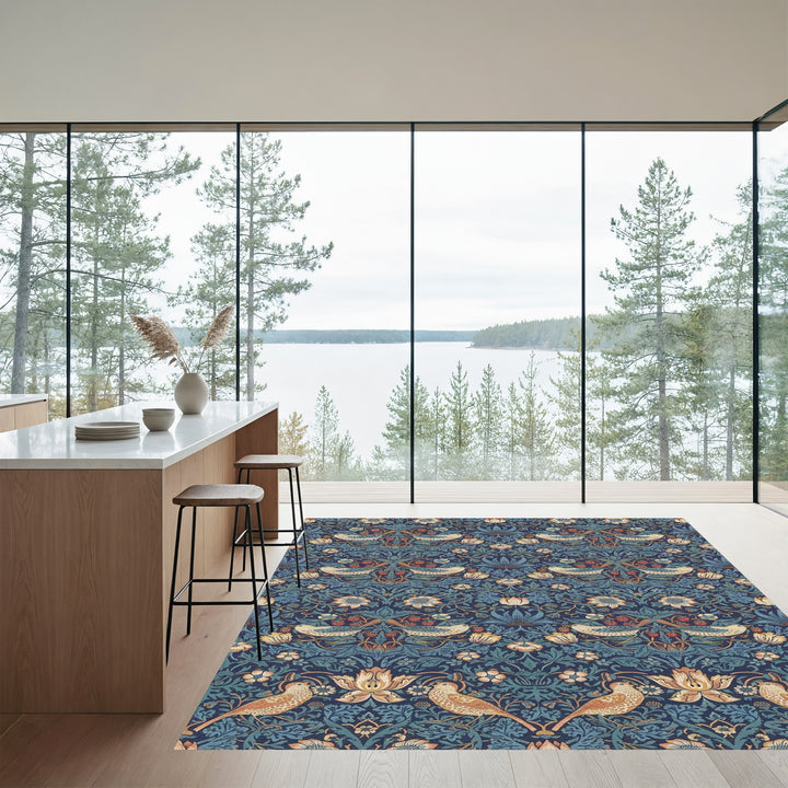 Indigo Blue Vintage Bird Strawberry Garden Rug