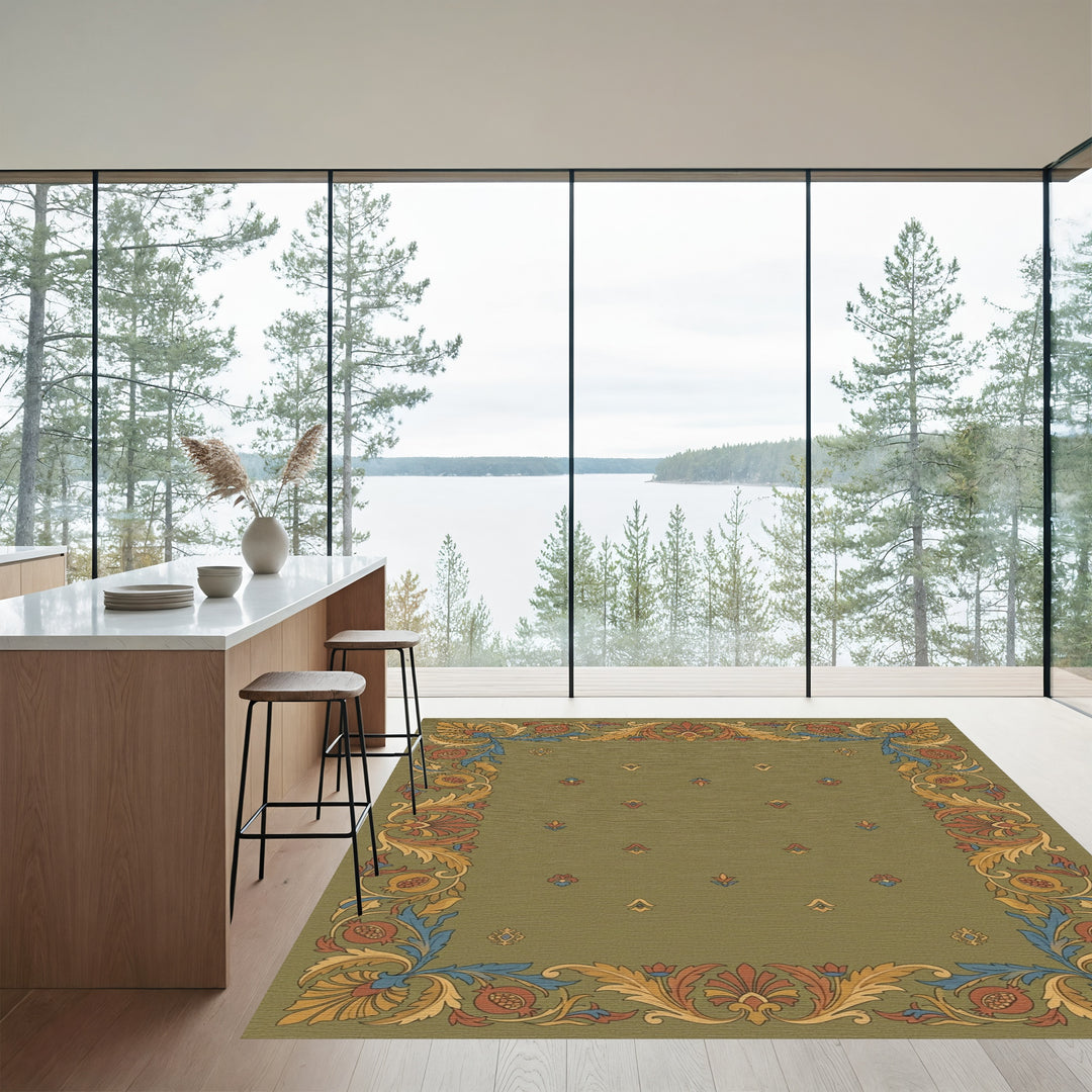 Golden Pomegranate Floral Border Rug