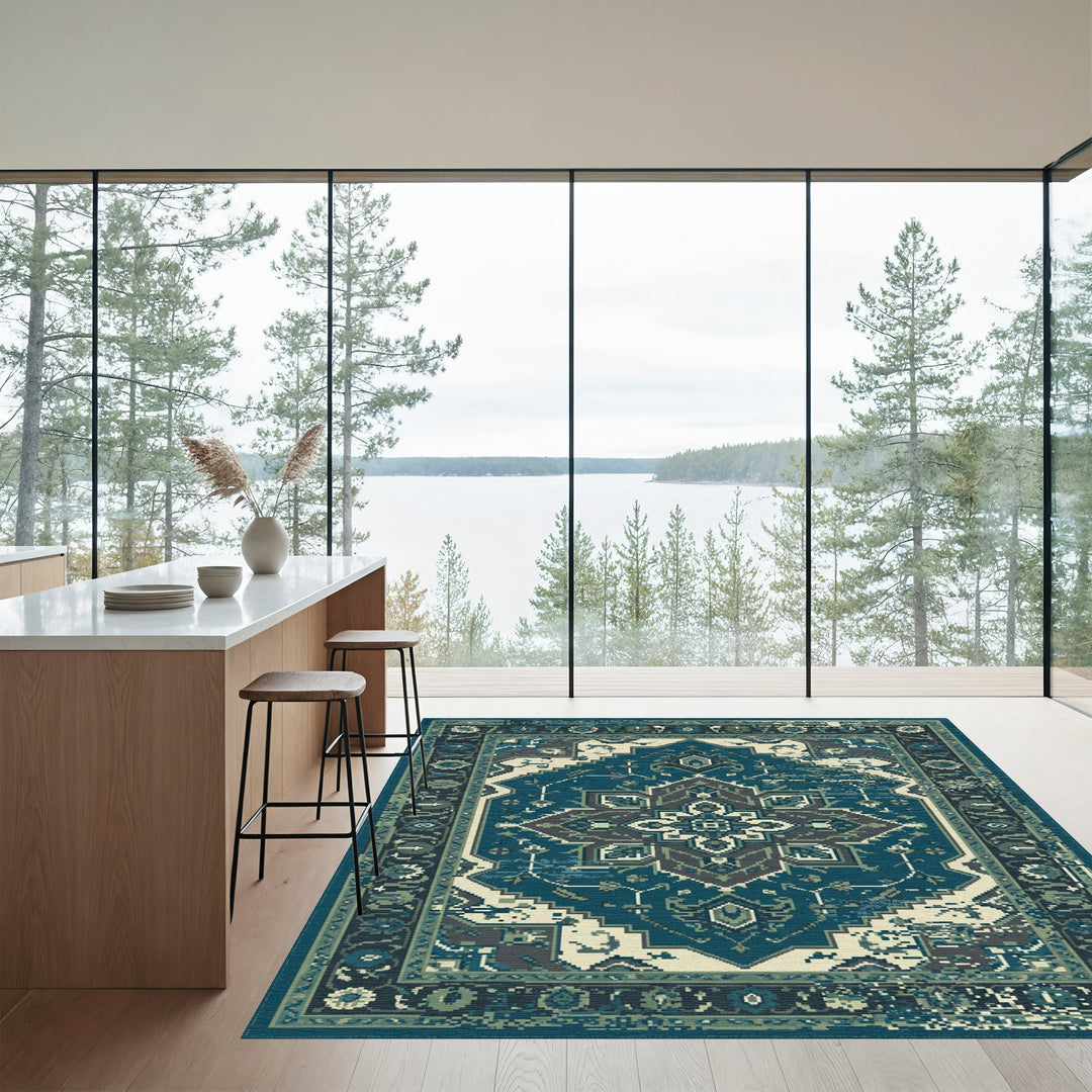 Deep Teal Medallion Ethnic Rug