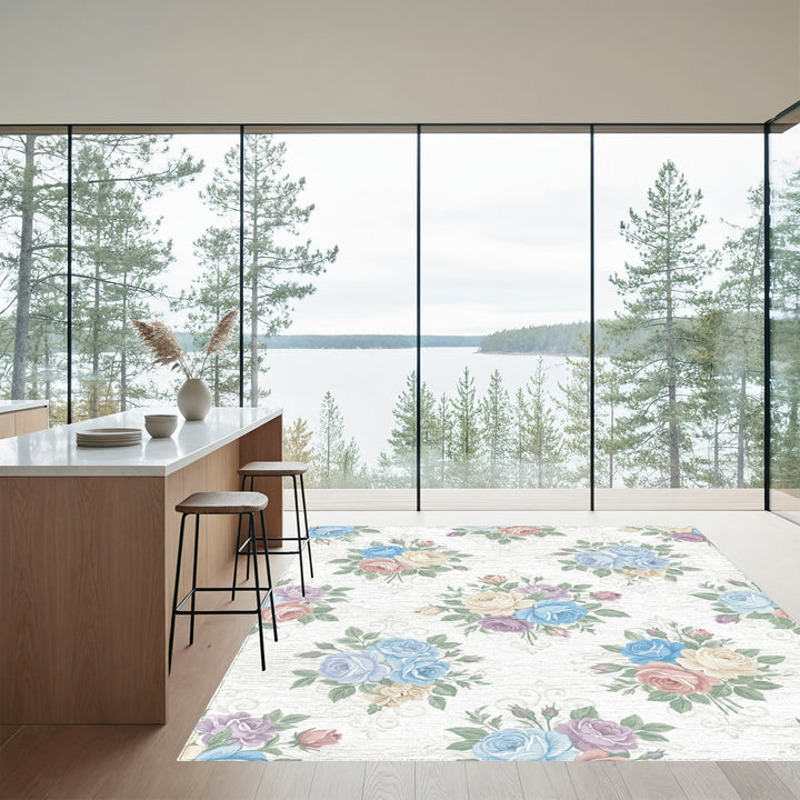 Pastel Rose Bouquet Vintage Scroll Rug
