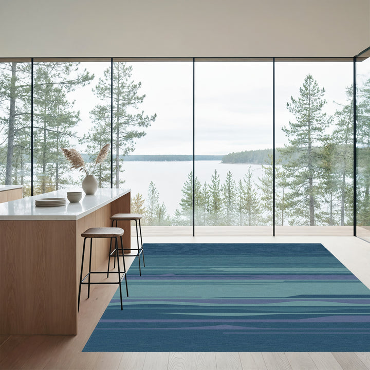 Azure Blue Horizontal Abstract Waves Rug