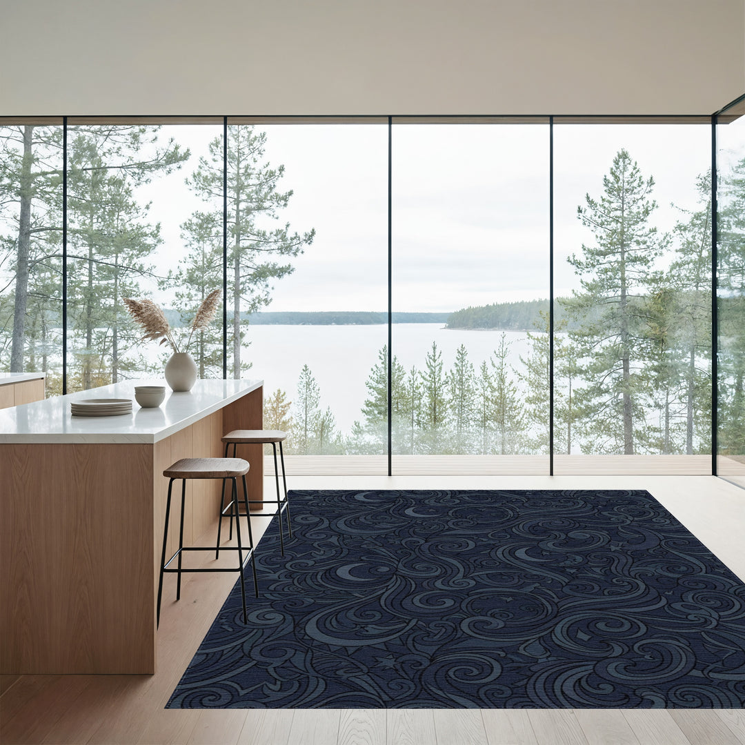 Midnight Celestial Swirl Moon Stars Rug