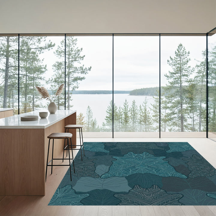 Deep Teal Mandala Leaf Collage Rug