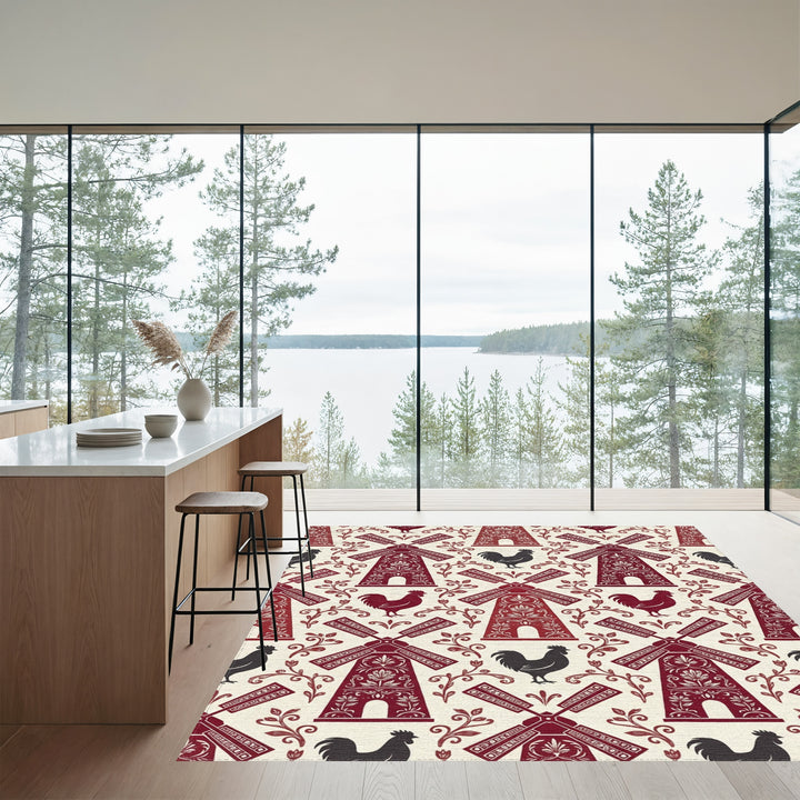 Country Red Windmill Rooster Floral Rug