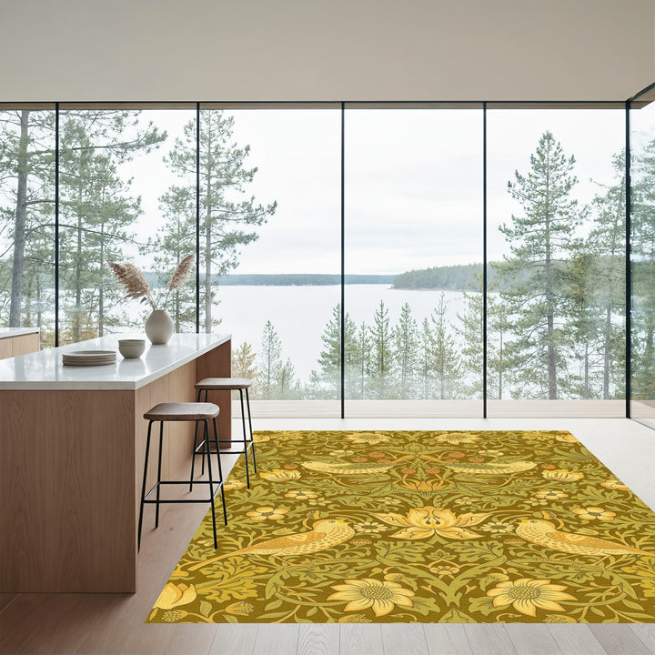Golden Bird Strawberry Floral Garden Rug