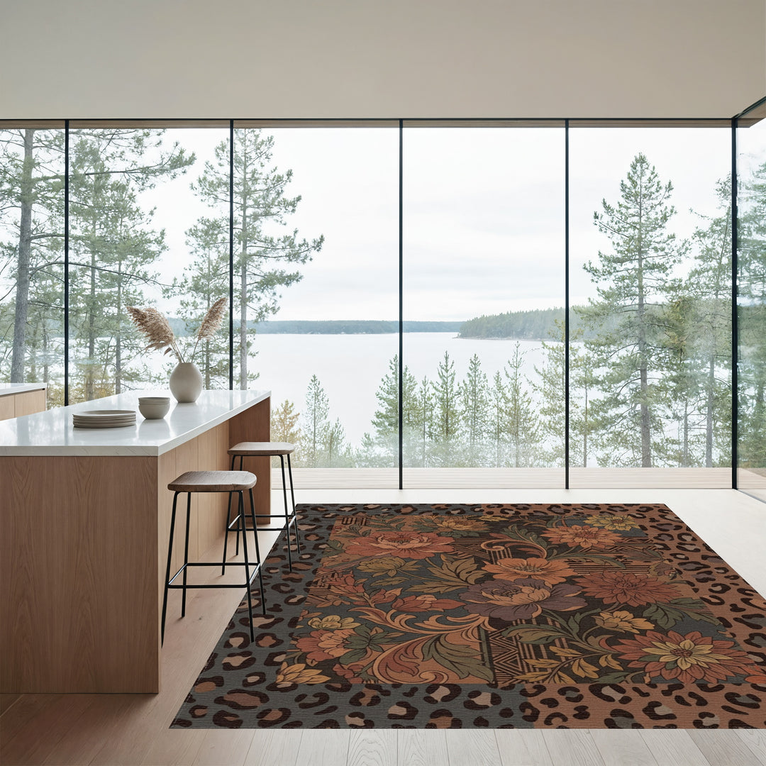Earthy Floral Leopard Patchwork Accents Rug