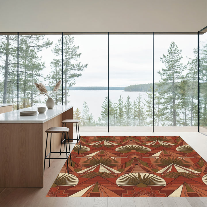 Terracotta Aztec Pyramid Sunburst Garden Rug