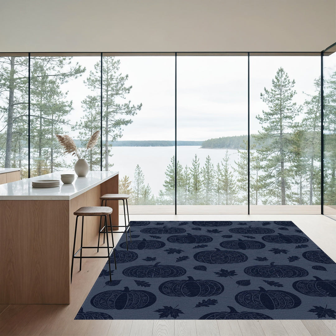 Midnight Blue Pumpkin Autumn Leaves Rug