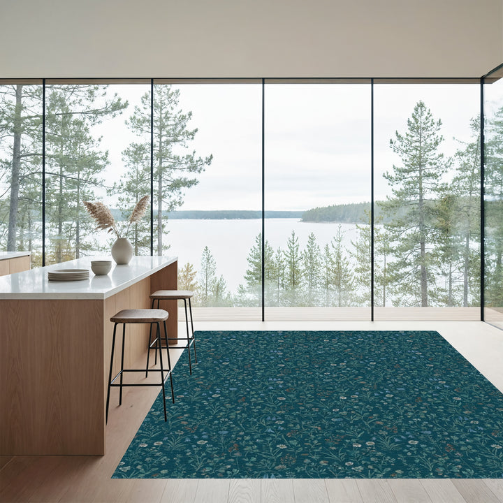 Deep Teal Floral Meadow Rug
