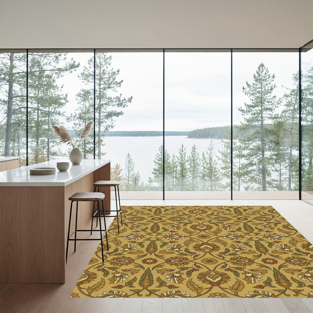 Golden Ochre Floral Scroll Vine Rug