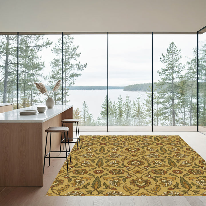 Golden Ochre Floral Scroll Vine Rug