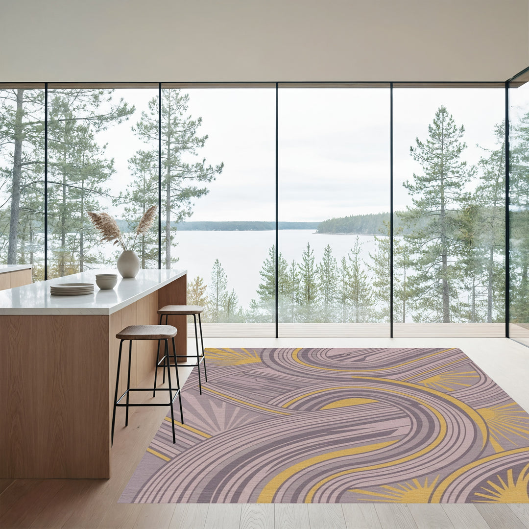 Lavender Gold Swooping Lines Runner Rug