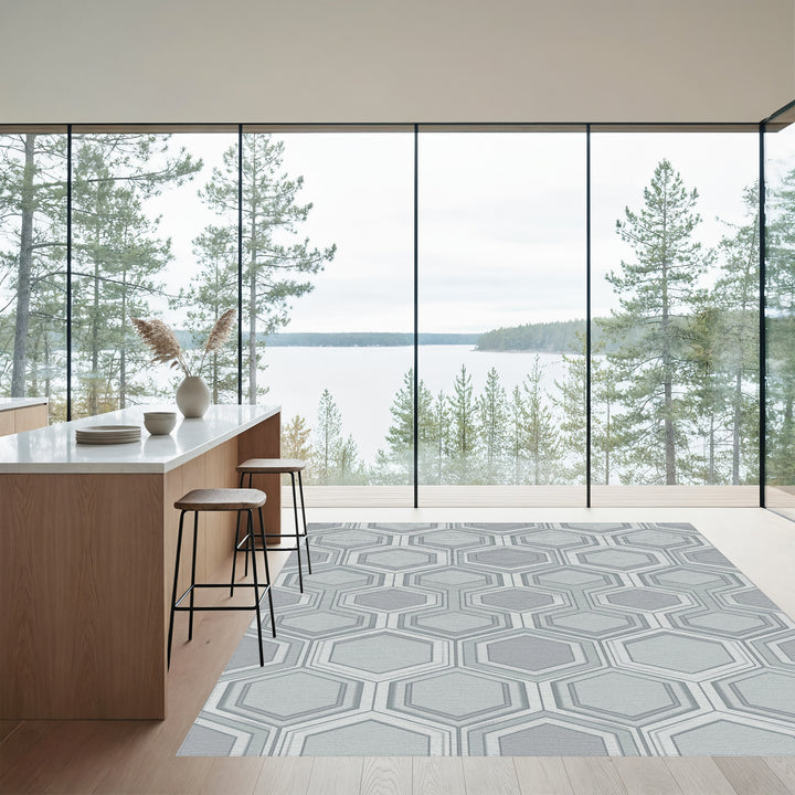 Cool Gray Layered Hexagon Grid Rug