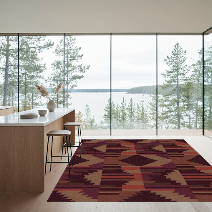 Earthy Crimson Chevron Block Rug