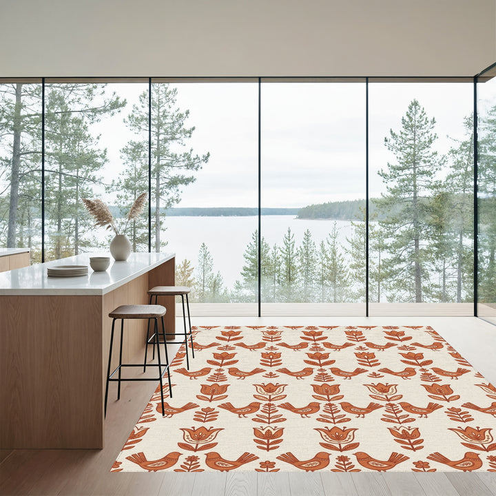 Terracotta Folk Bird Tulip Repeat Rug