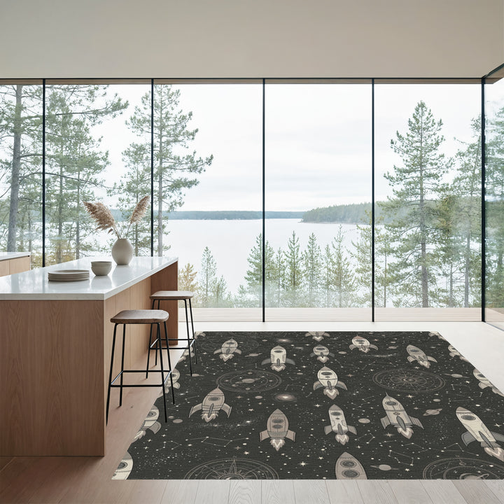 Retro Grey Spaceship Constellation Starfield Rug