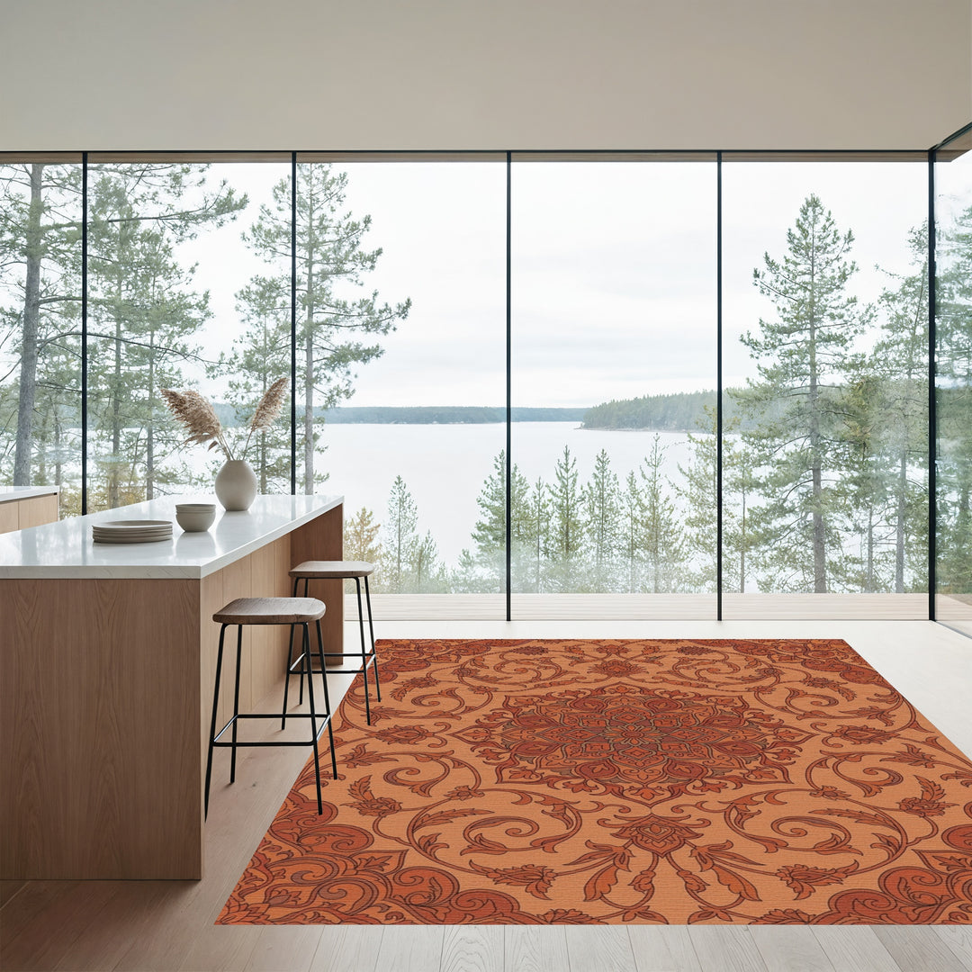 Terracotta Floral Medallion Intricate Scroll Rug