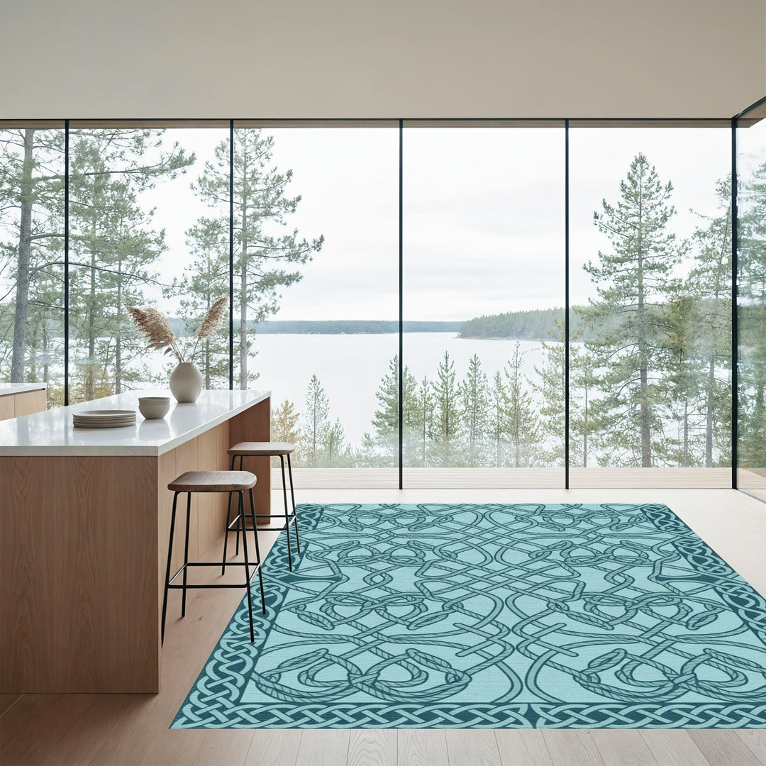 Teal Intricate Knotwork Border Rug