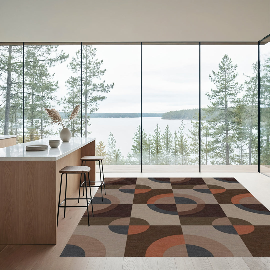 Geometric Circles Ochre Brown Grey Rug