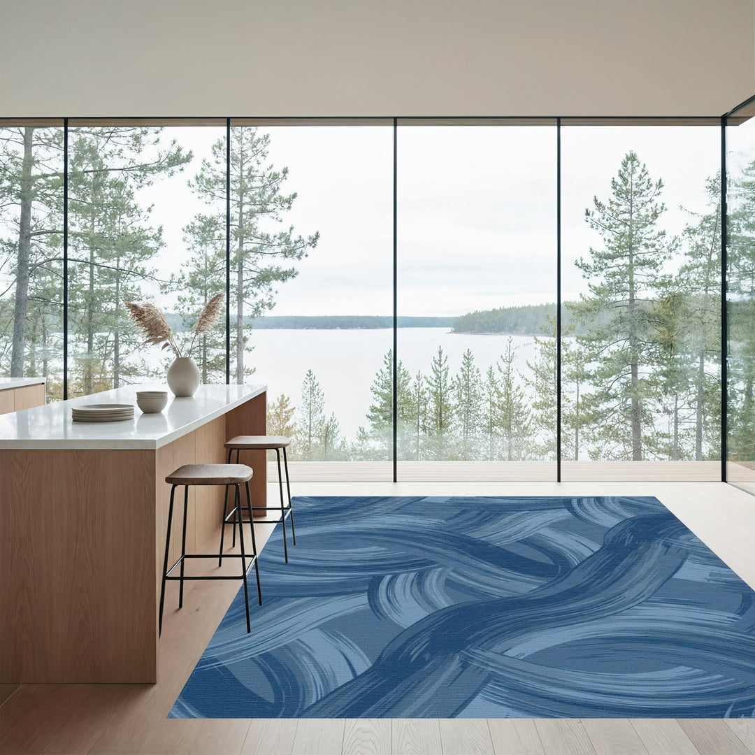 Deep Blue Brush Stroke Waves Rug
