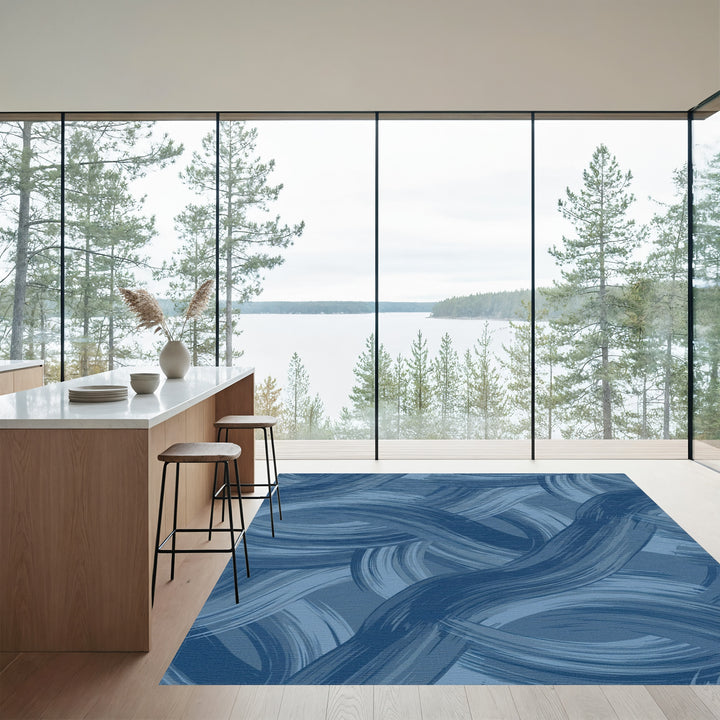 Deep Blue Brush Stroke Waves Rug