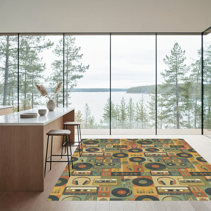 Retro Music Cassette Vinyl Headphone Collage Rug