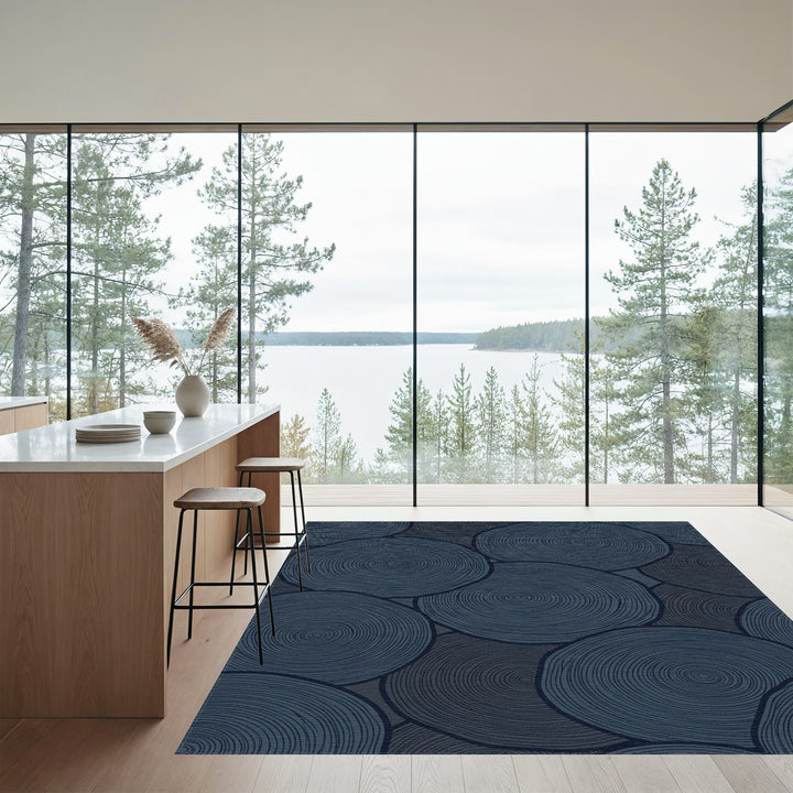 Deep Navy Wood Grain Circles Rug