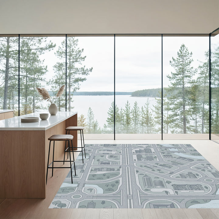 Monochromatic Cityscape Blue Buildings Map Rug