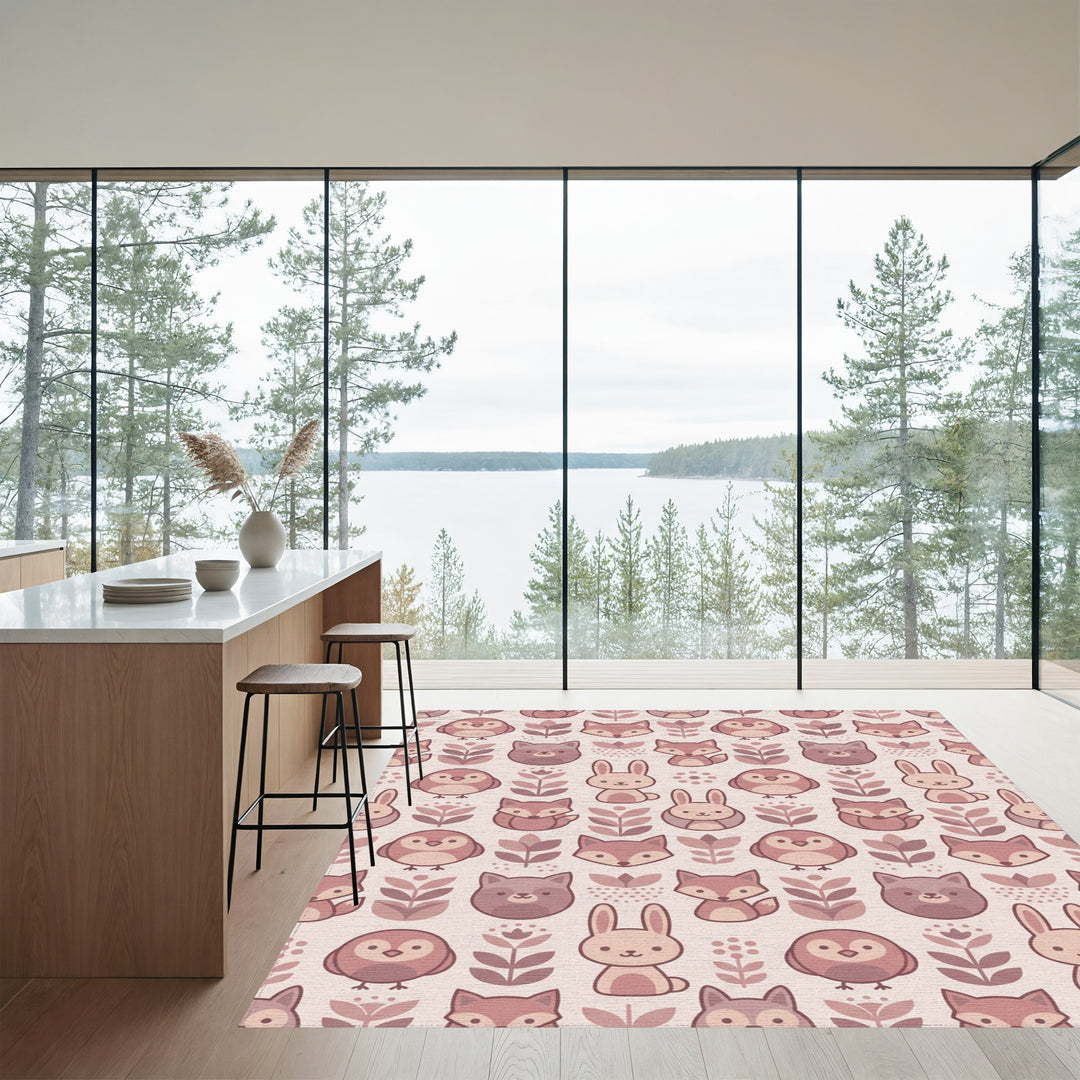 Cute Woodland Creatures And Flowers Rug