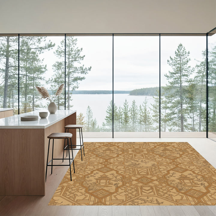 Golden Pagoda Geometric Landscape Rug