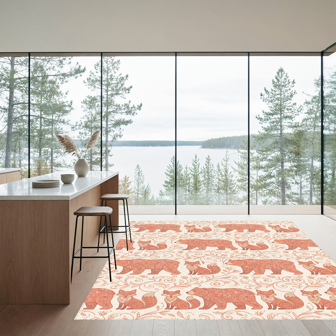 Salmon Folk Art Bear Fox Vine Repeat Rug