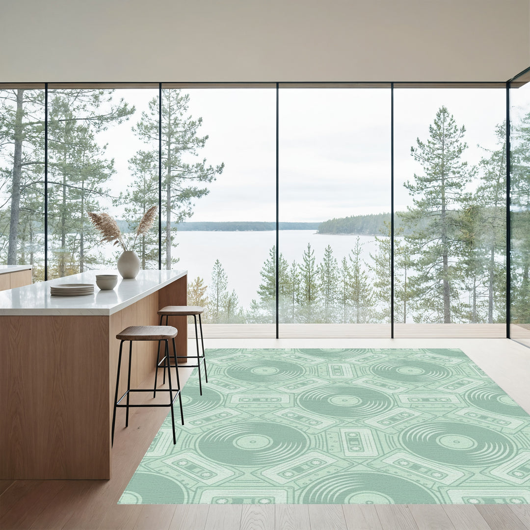 Retro Teal Vinyl Cassette Collage Rug