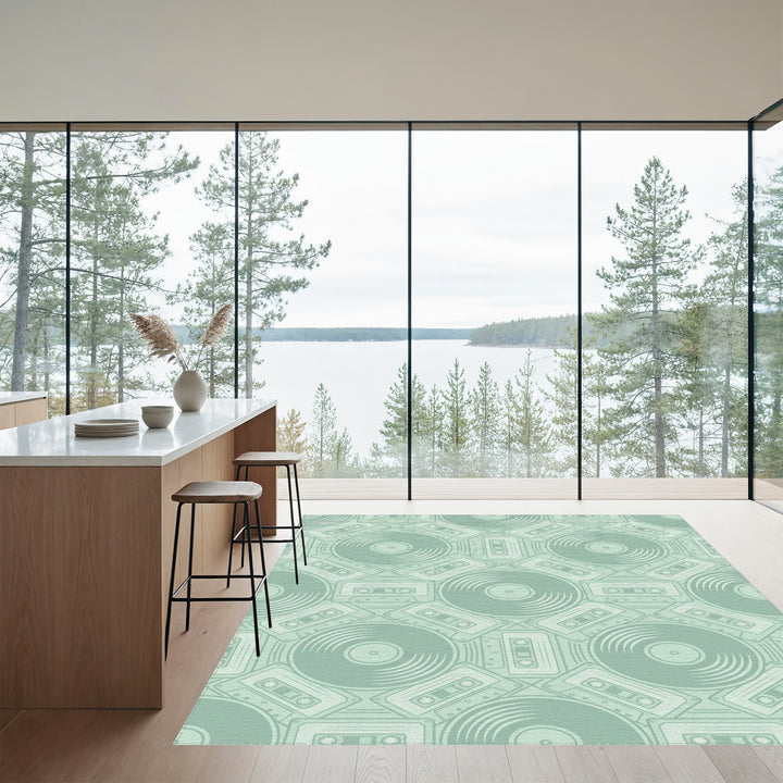 Retro Teal Vinyl Cassette Collage Rug