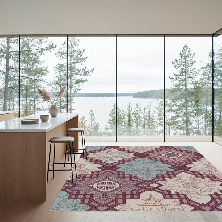 Burgundy Floral Pagoda Lattice Rug