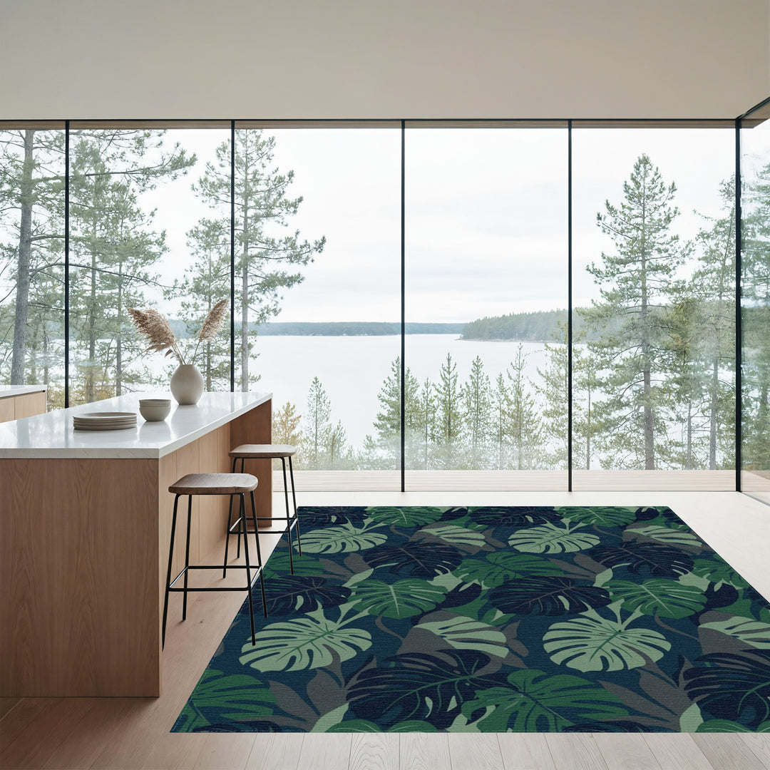Deep Forest Monstera Leaf Arrangement Rug