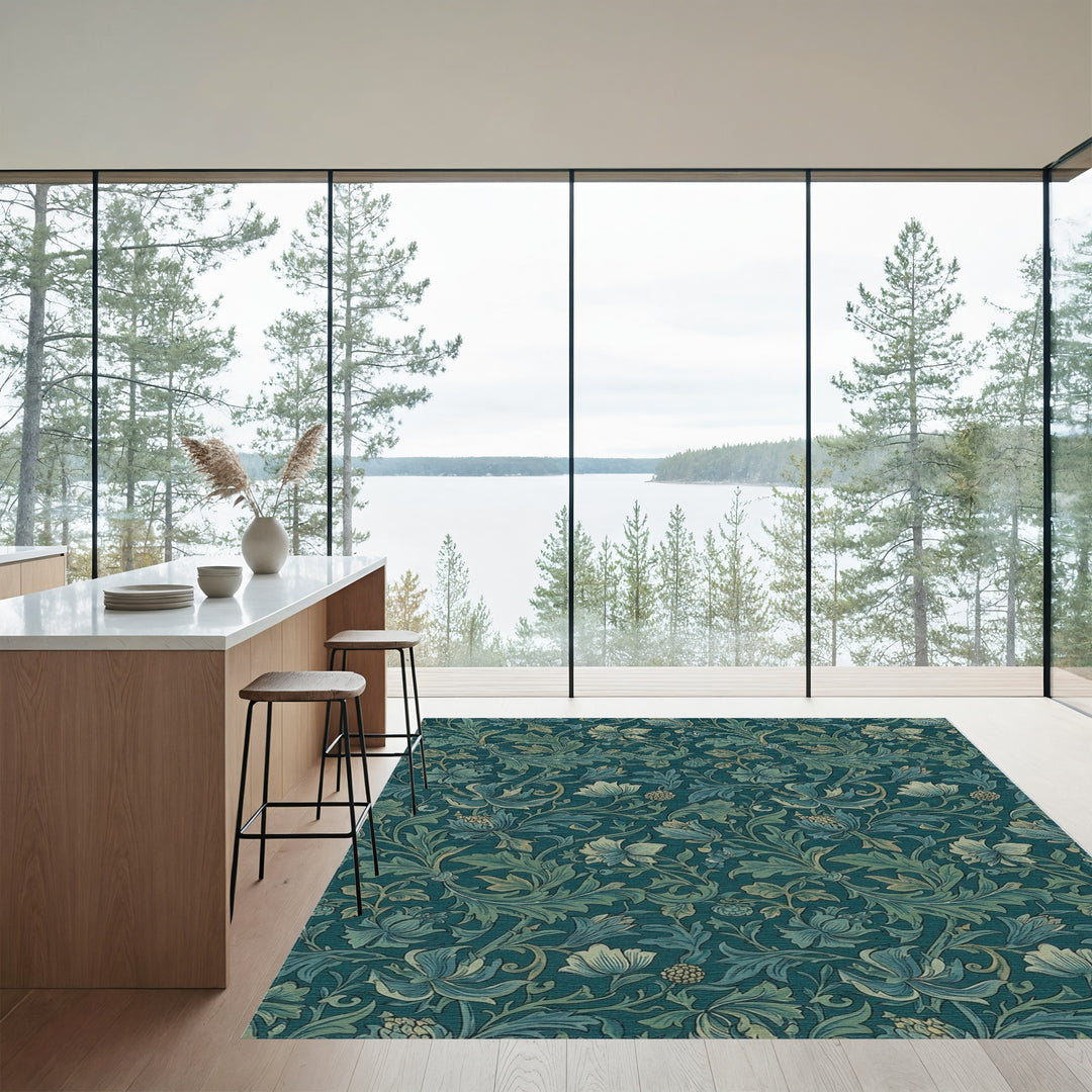 Teal Floral Scroll Garden Rug