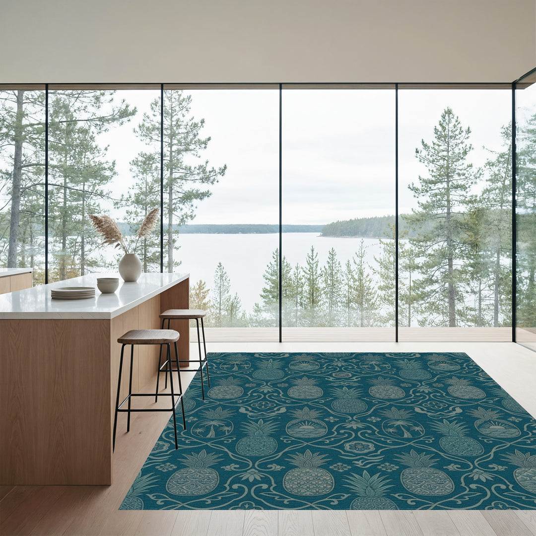 Teal Pineapple Tropical Palmed Scene Rug