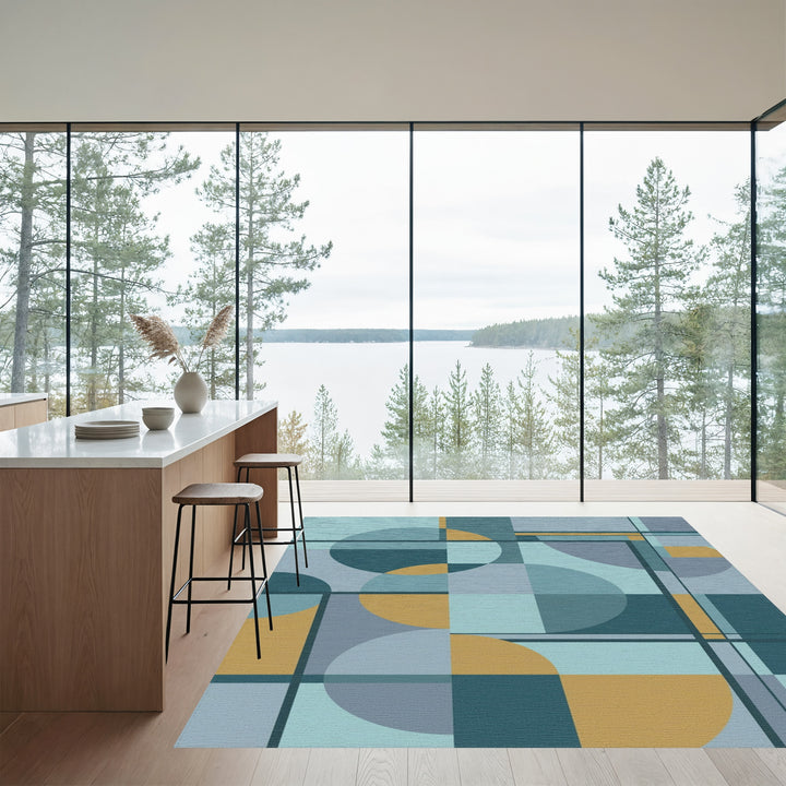 Abstract Teal Gold Geometric Circles Rug