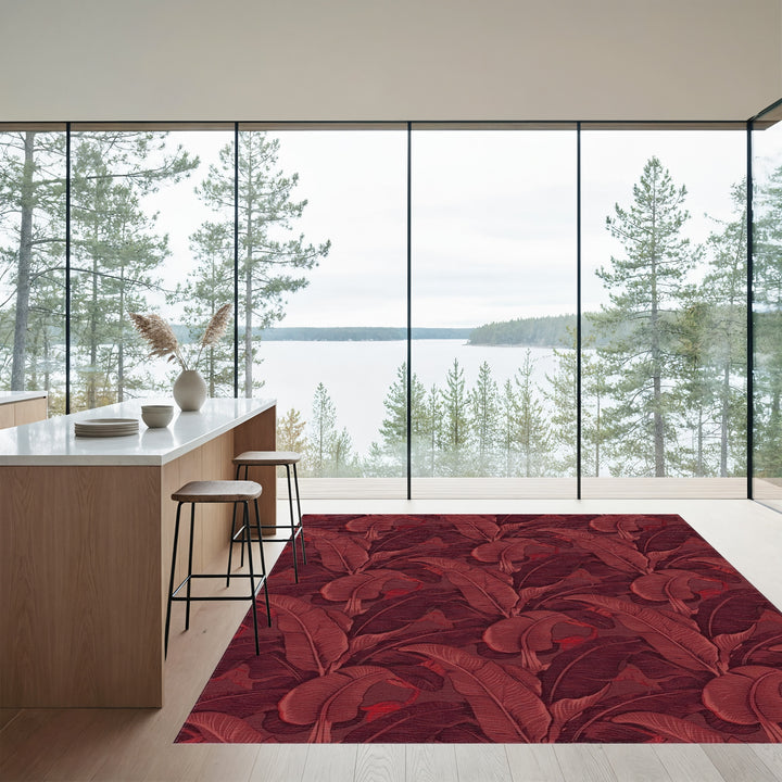 Deep Red Tropical Leaf Arrangement Rug