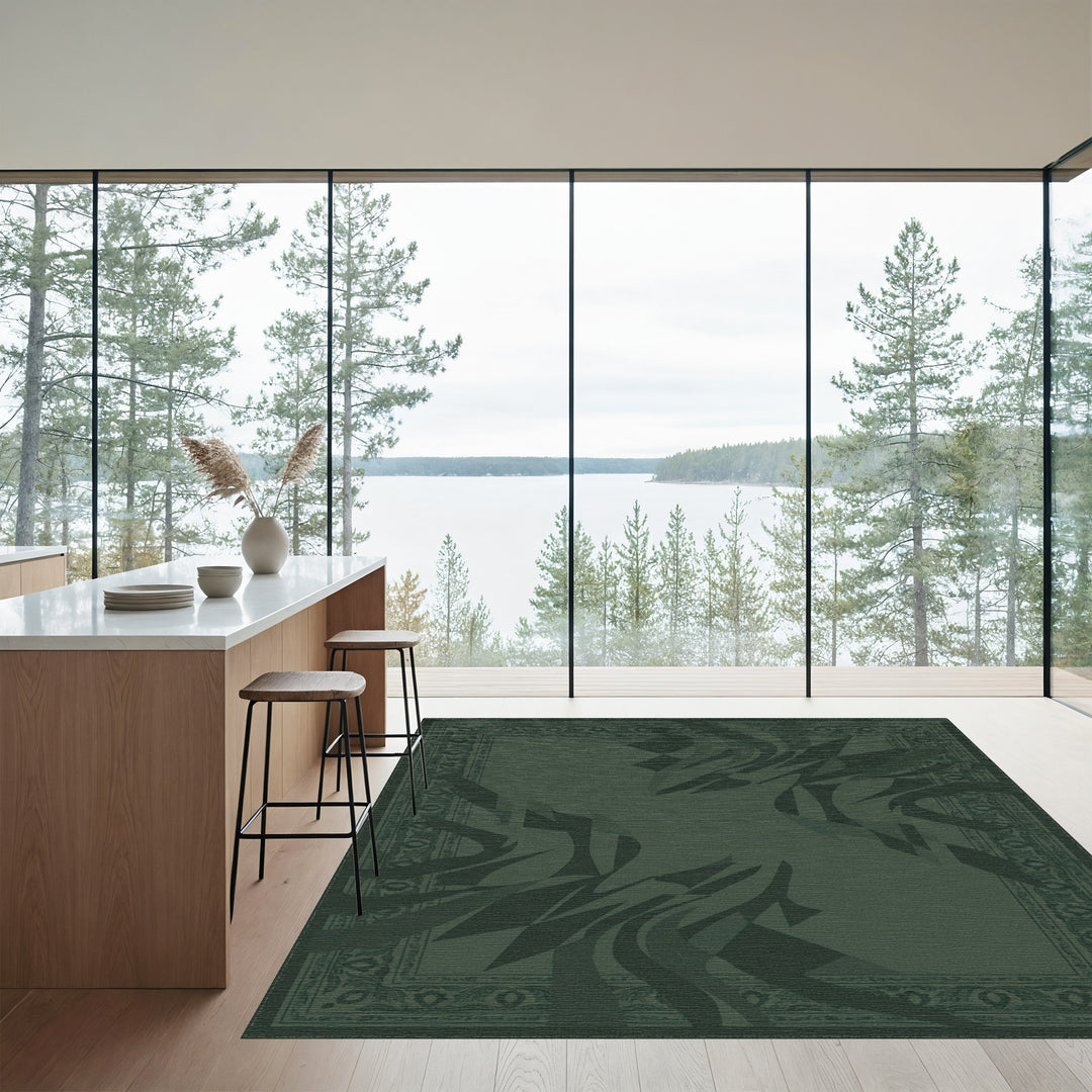 Deep Green Abstract Swirl Border Rug