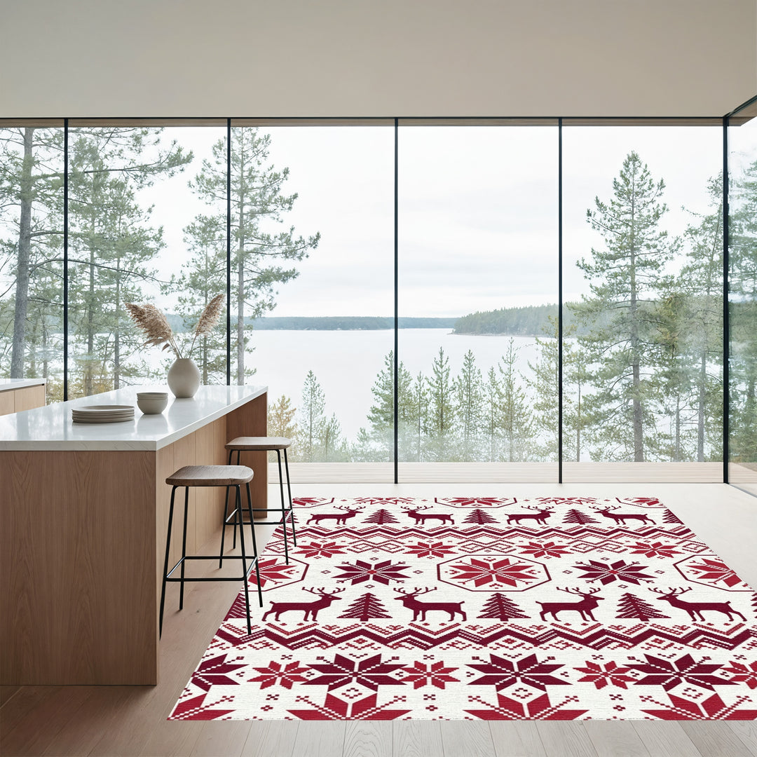 Crimson Reindeer and Snowflakes Tapestry Rug