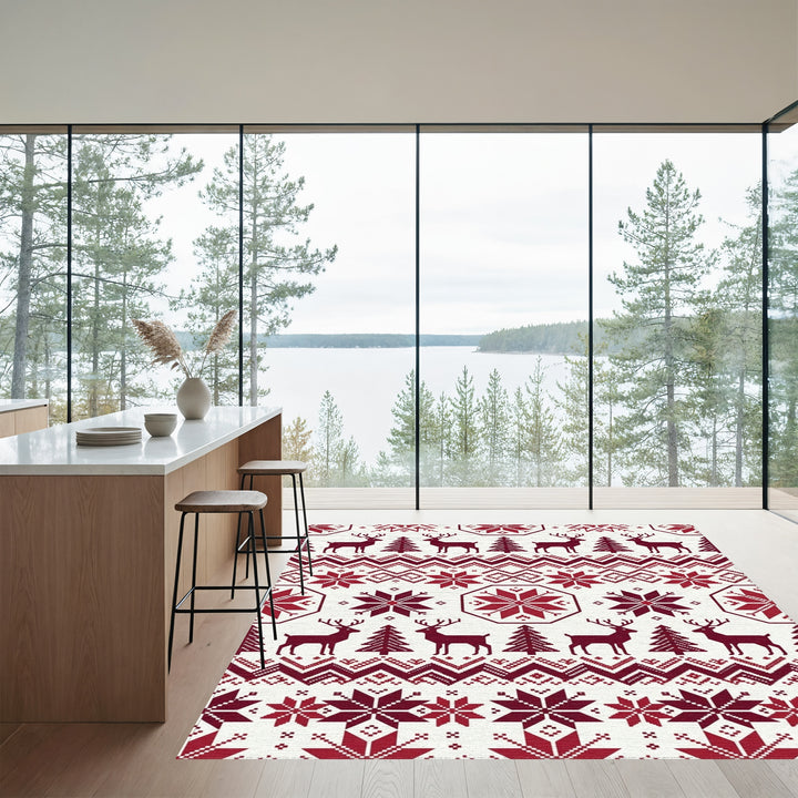 Crimson Reindeer and Snowflakes Tapestry Rug