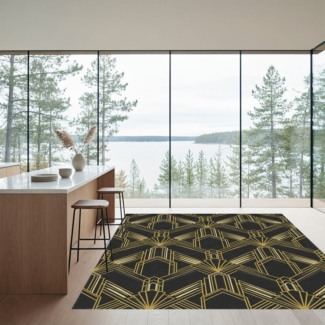 Art Deco Black Gold Geometric Fan Rug