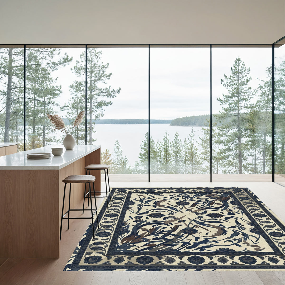 Deep Blue Floral Garden Medallion Rug