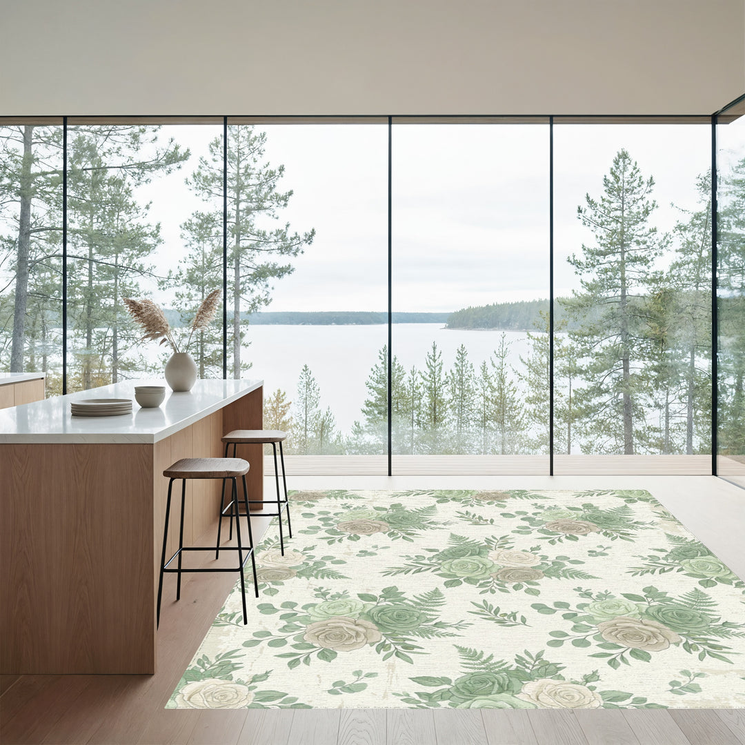 Soft Green Rose Blossom Foliage Arrangement Rug
